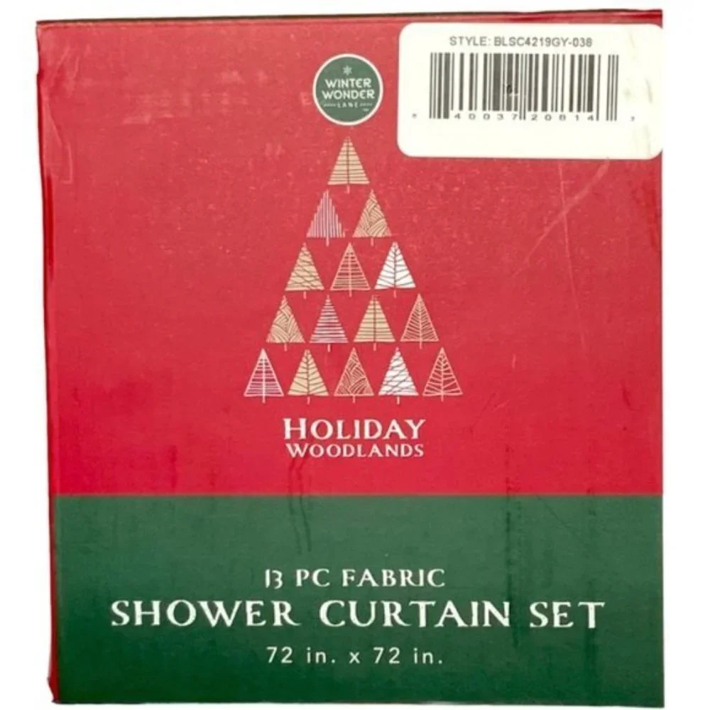 Christmas Bath Snowman Santa Fabric Shower Curtain 72 x 72 Hook Set Grey 13 PC